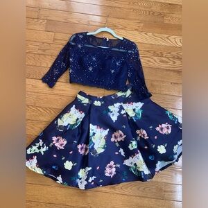Prom or graduation 2 piece- Navy Sequin Top and Floral Skirt Set with peplum
